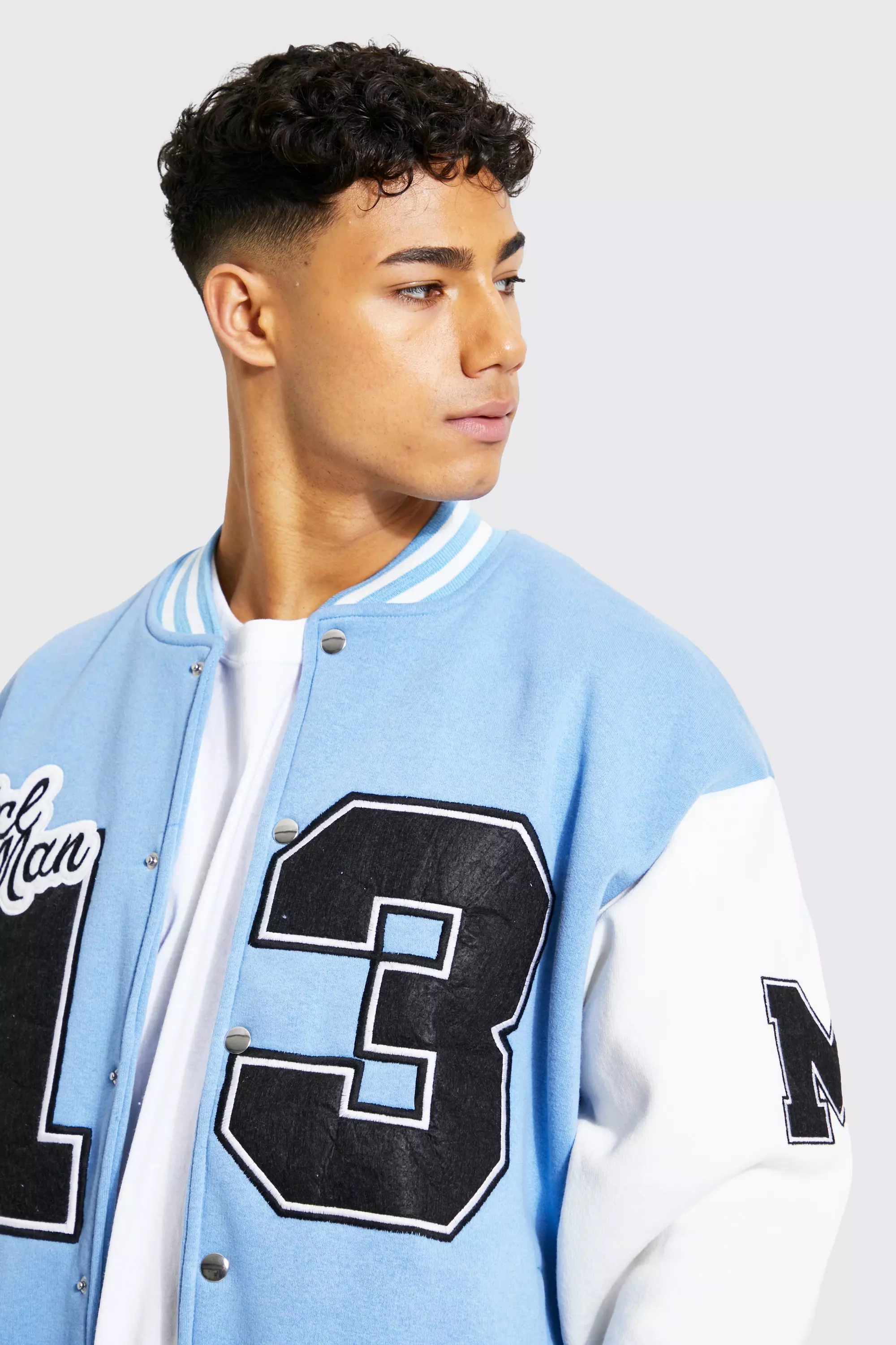 Oversized Badge Jersey Varsity Bomber Jacket | boohooMAN USA